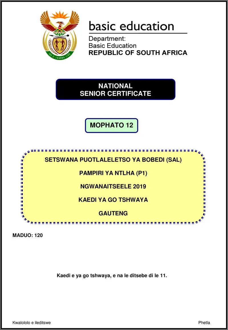 Grade 12 Setswana past paper 2019 – setswana sal p1 nov 2019 gauteng memo gr12