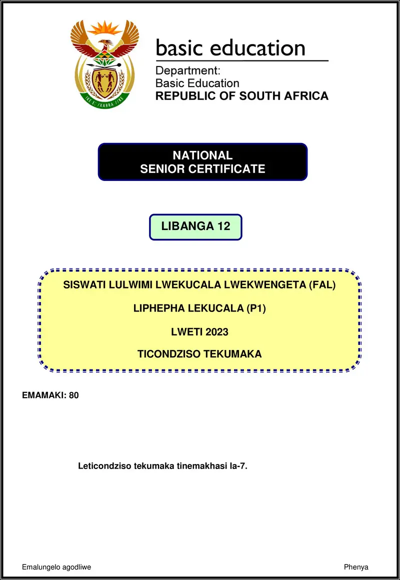 Grade 12 Siswati past paper 2023 – siswati fal p1 nov 2023 mg gr12