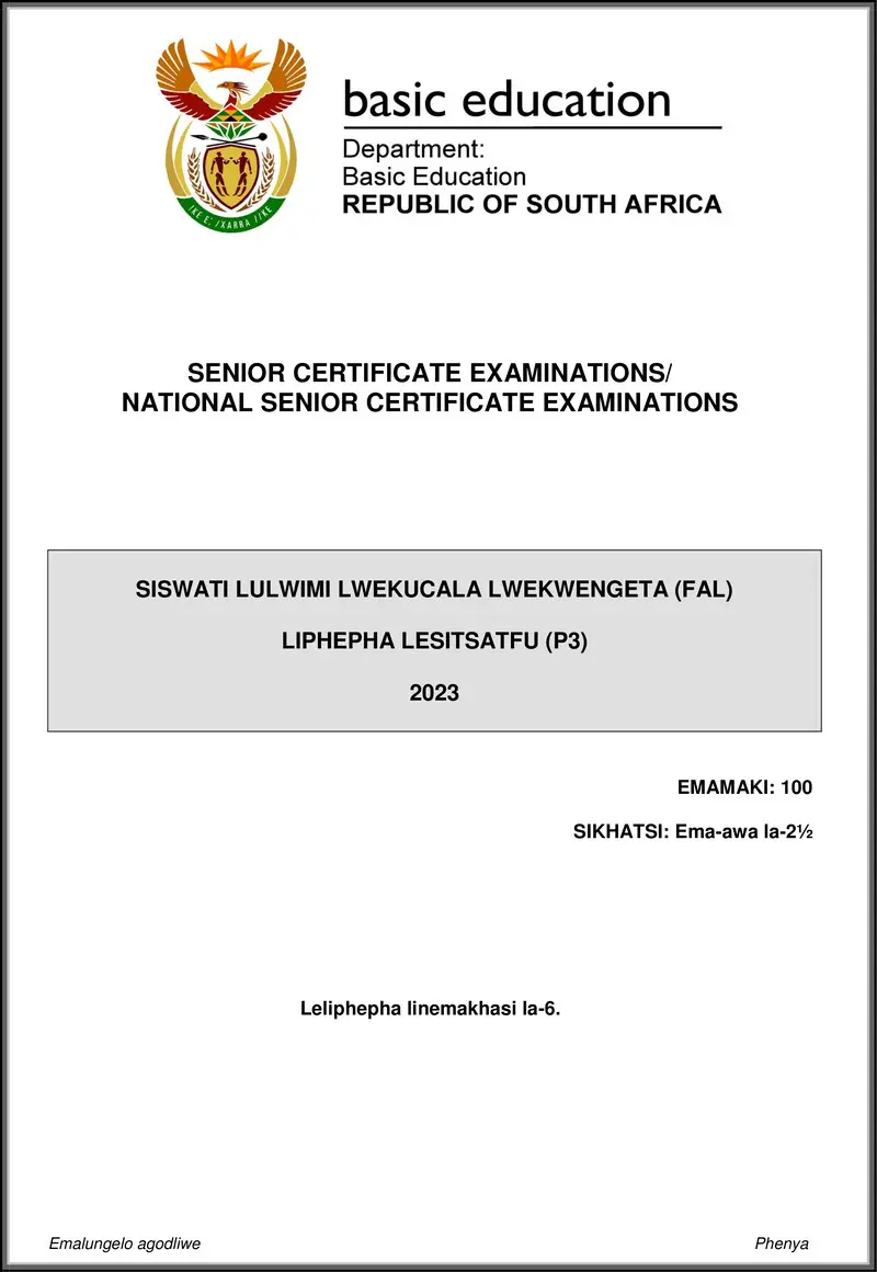 Grade 12 Siswati past paper 2023 – siswati fal p3 may june 2023 gr12