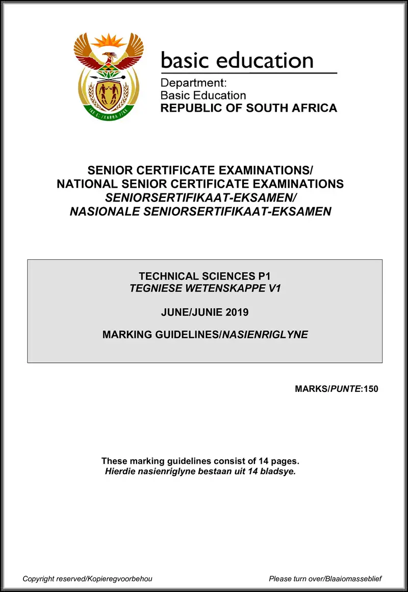 Grade 12 Technical Sciences past paper 2019 – technical sciences p1 may june 2019 memo afr eng gr12