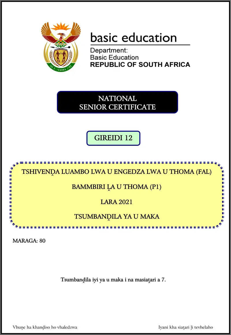 Grade 12 Tshivenda past paper 2021 – tshivenda fal p1 nov 2021 mg gr12