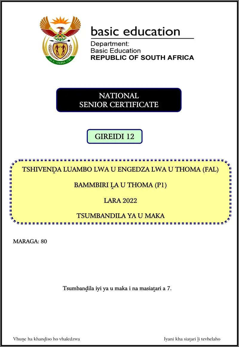 Grade 12 Tshivenda past paper 2022 – tshivenda fal p1 nov 2022 mg gr12