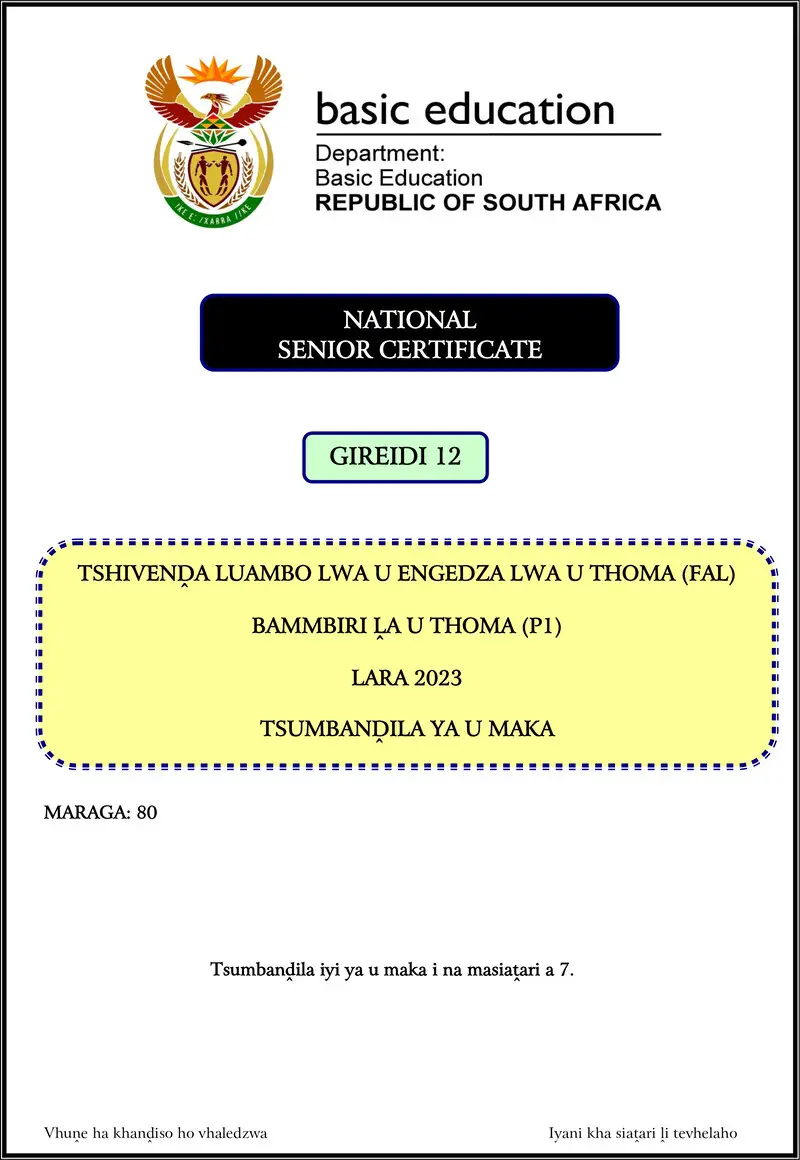 Grade 12 Tshivenda past paper 2023 – tshivenda fal p1 nov 2023 mg gr12