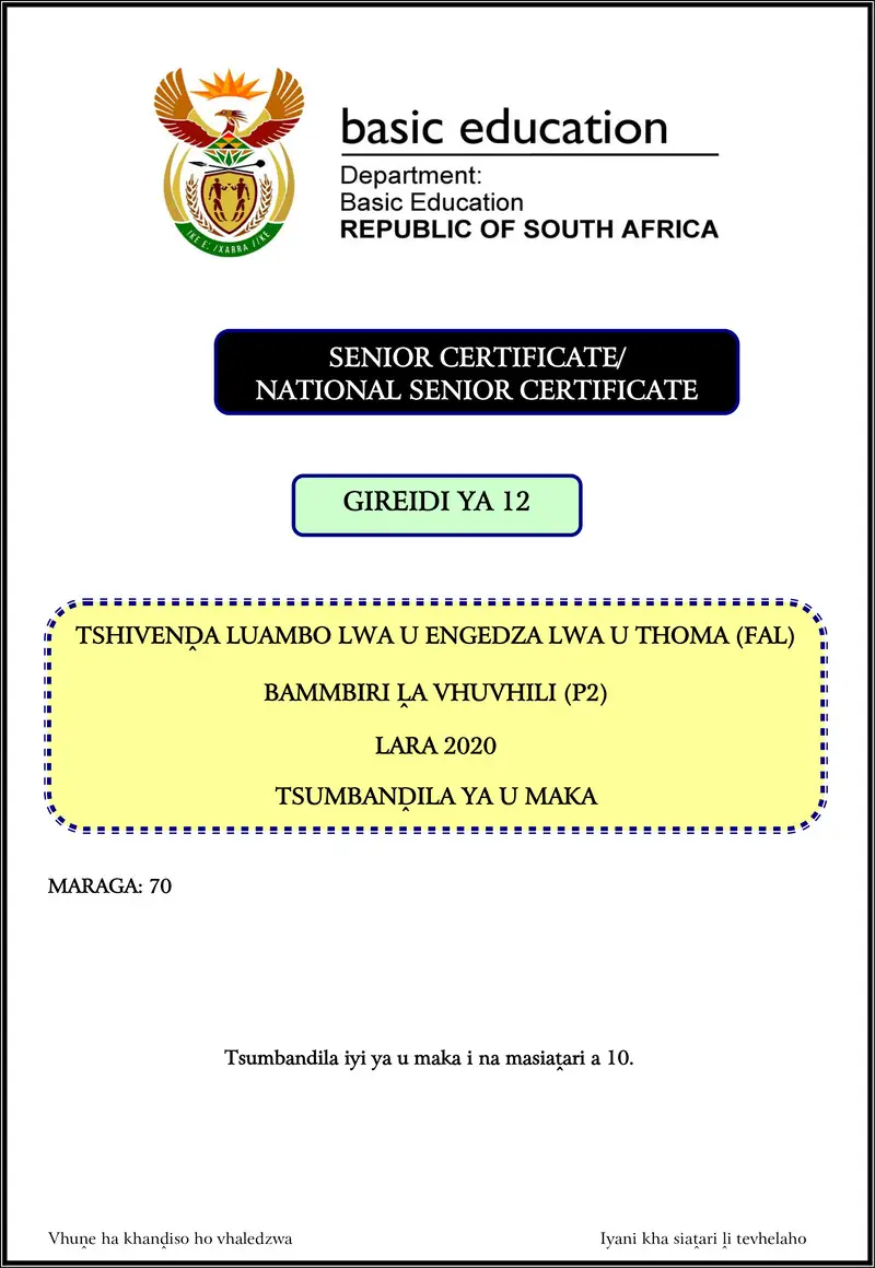 Grade 12 Tshivenda past paper 2020 – tshivenda fal p2 nov 2020 memo gr12