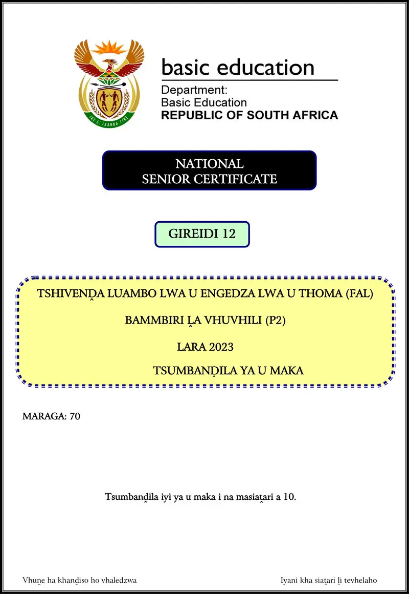 Grade 12 Tshivenda past paper 2023 – tshivenda fal p2 nov 2023 mg gr12