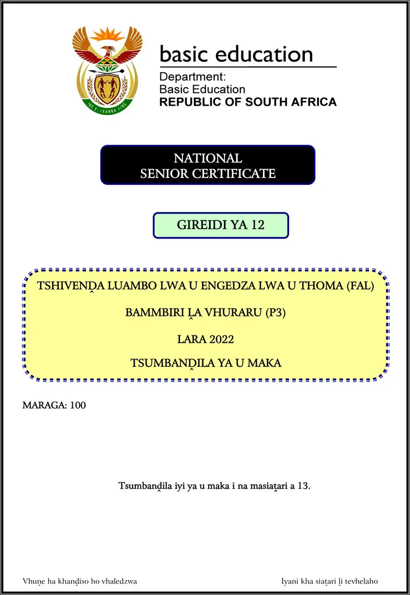 Grade 12 Tshivenda past paper 2022 – tshivenda fal p3 nov 2022 mg gr12