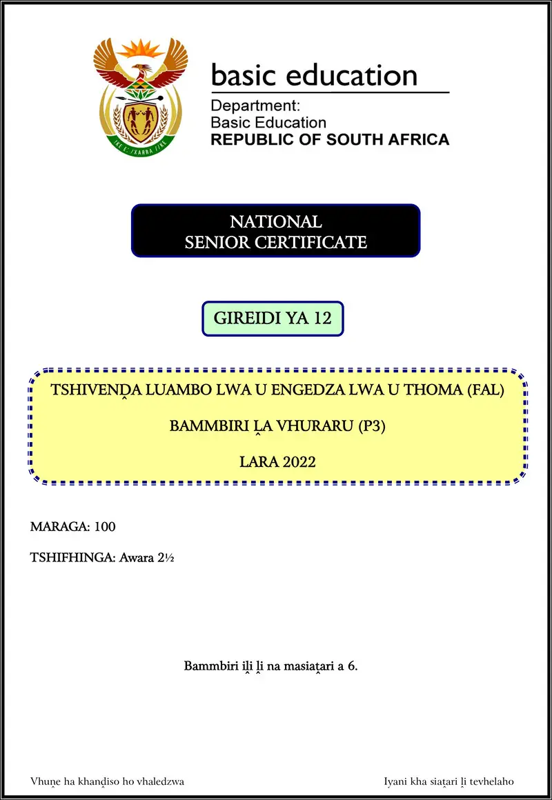 Grade 12 Tshivenda past paper 2022 – tshivenda fal p3 nov 2022 gr12