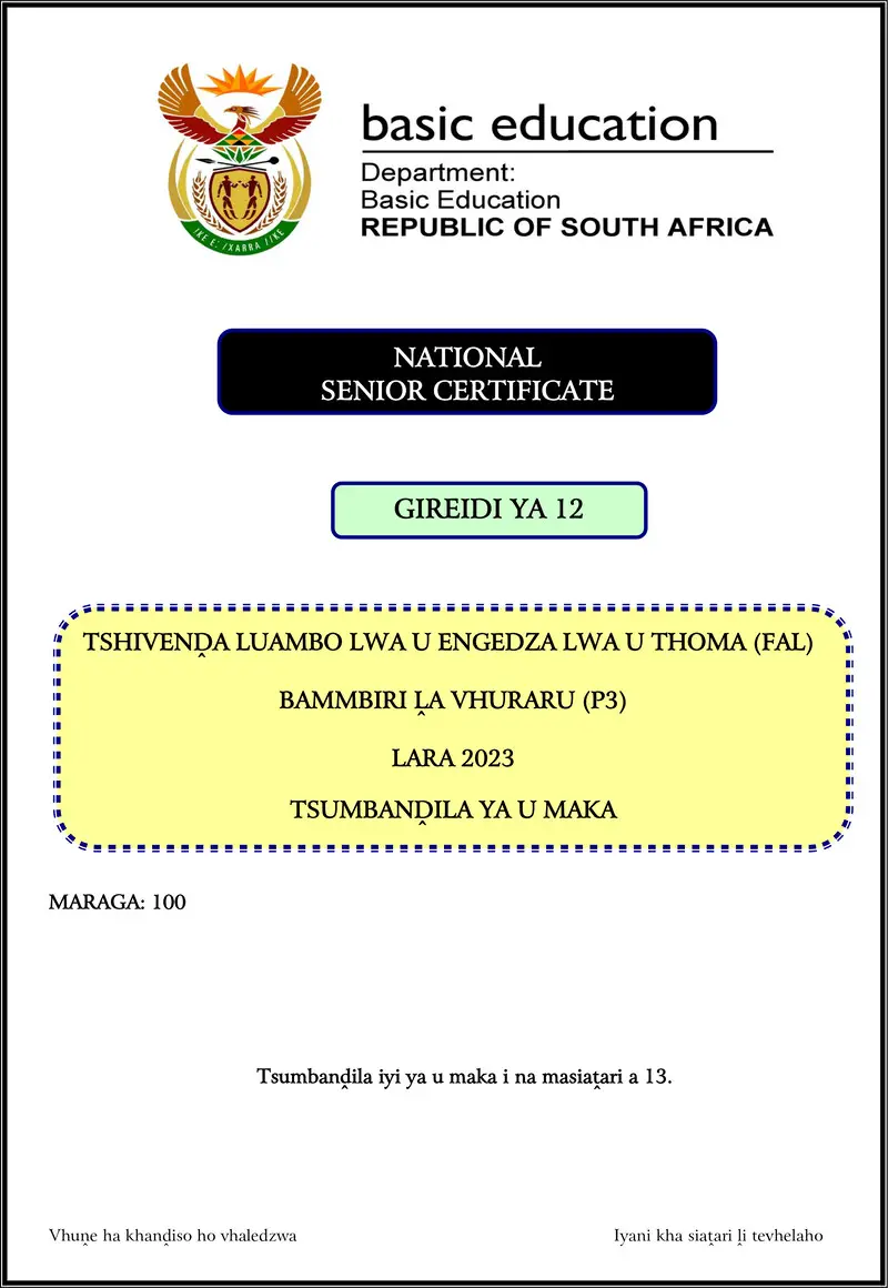 Grade 12 Tshivenda past paper 2023 – tshivenda fal p3 nov 2023 mg gr12