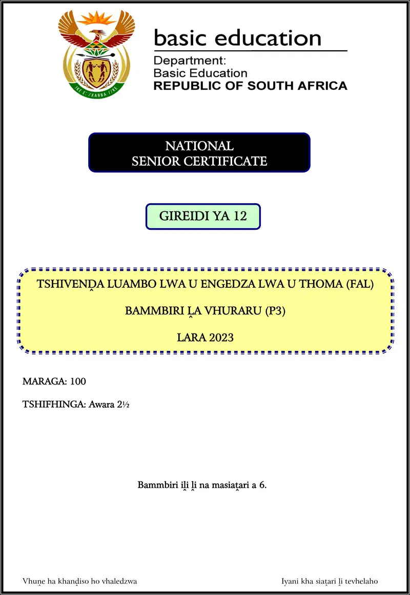 Grade 12 Tshivenda past paper 2023 – tshivenda fal p3 nov 2023 gr12