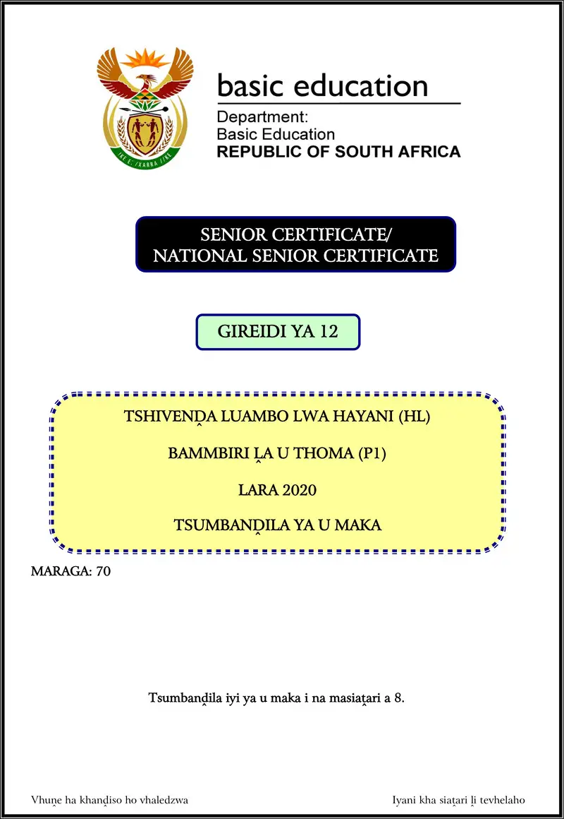Grade 12 Tshivenda past paper 2020 – tshivenda hl p1 nov 2020 memo gr12