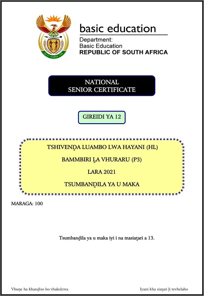 Grade 12 Tshivenda past paper 2021 – tshivenda hl p3 nov 2021 mg gr12