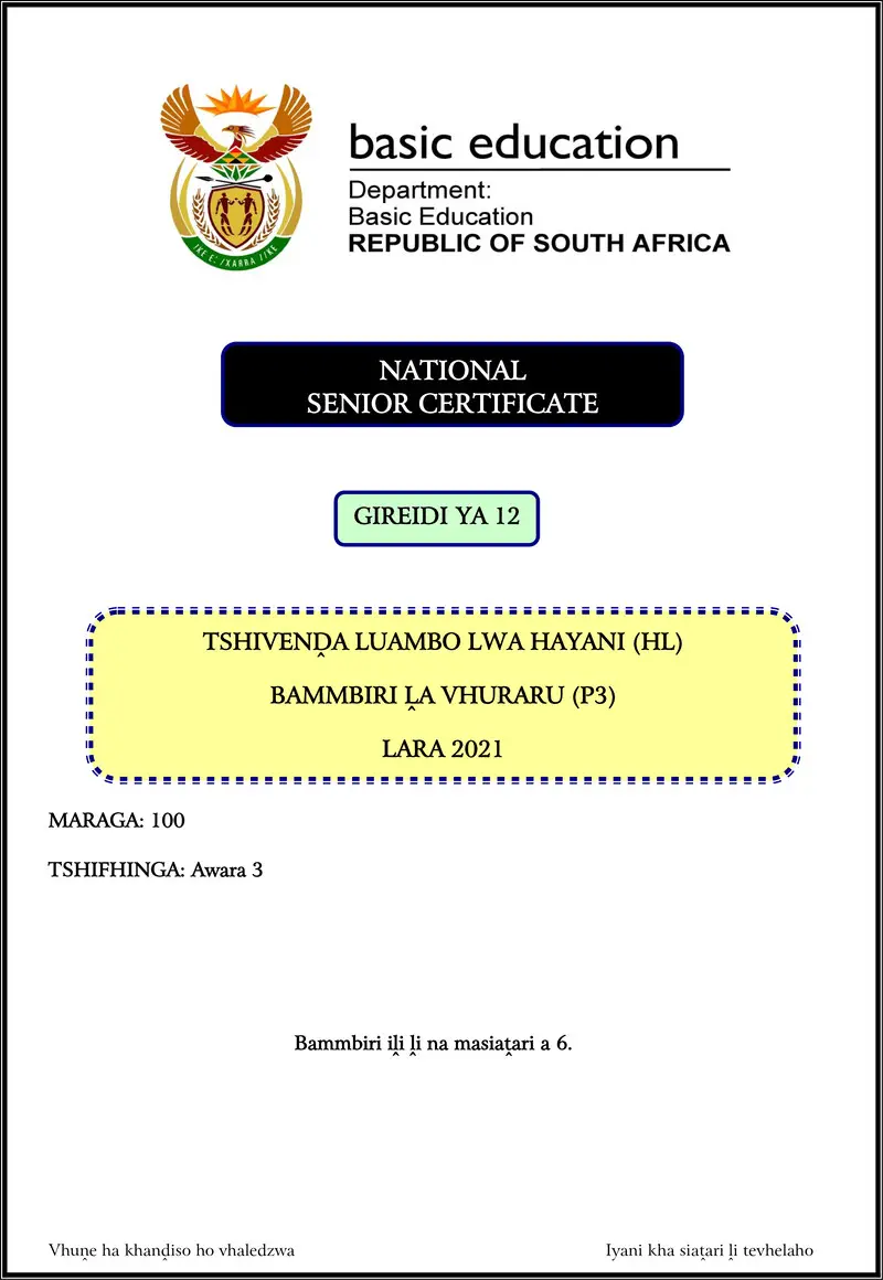 Grade 12 Tshivenda past paper 2021 – tshivenda hl p3 nov 2021 gr12