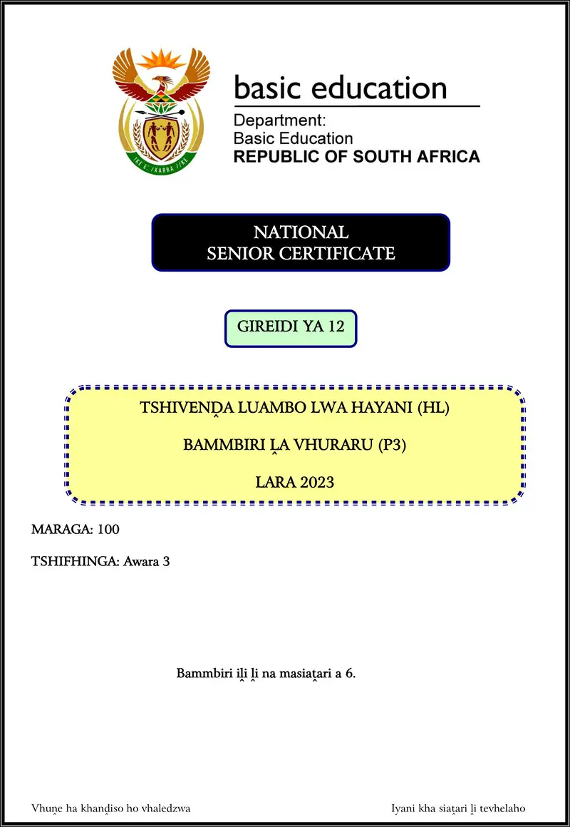 Grade 12 Tshivenda past paper 2023 – tshivenda hl p3 nov 2023 gr12
