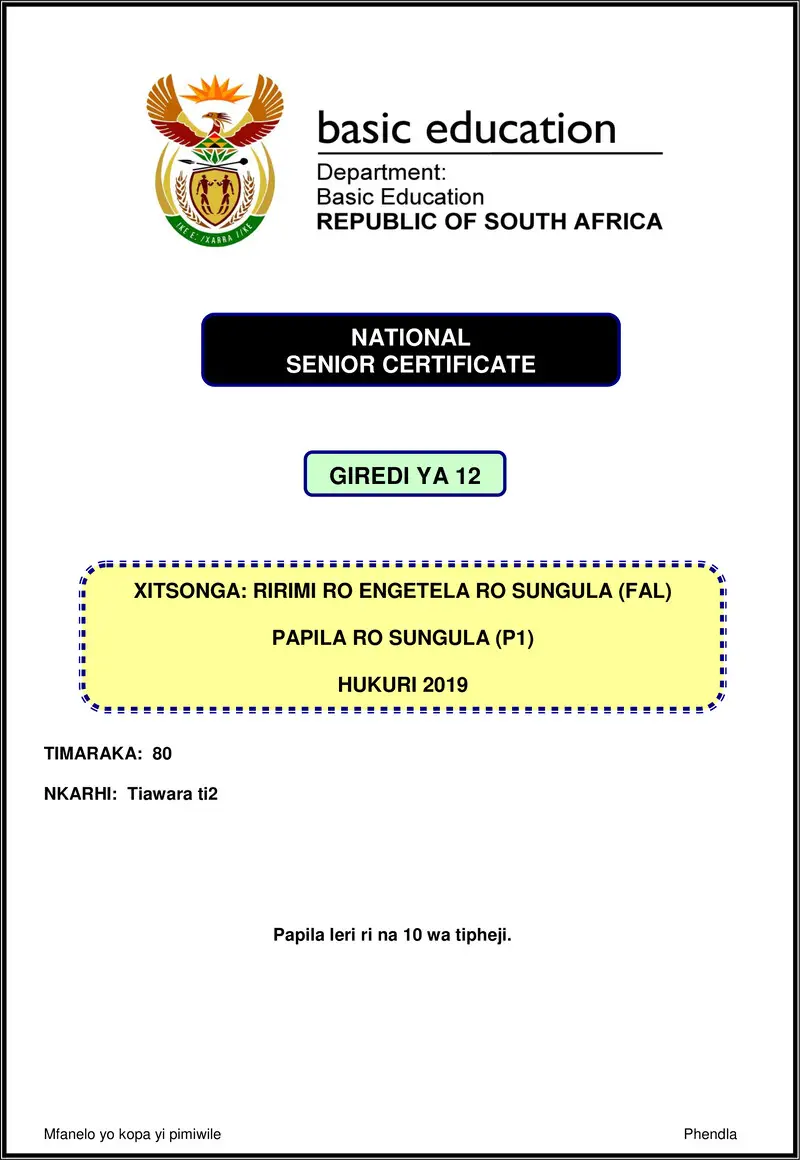 Grade 12 Xitsonga past paper 2019 – xitsonga fal p1 nov 2019 gr12