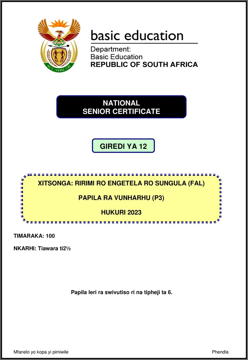 Grade 12 Xitsonga past paper 2023 – xitsonga fal p3 nov 2023 gr12