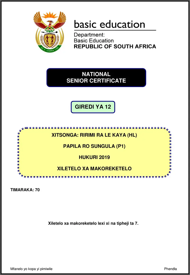 Grade 12 Xitsonga past paper 2019 – xitsonga hl p1 nov 2019 memo gr12