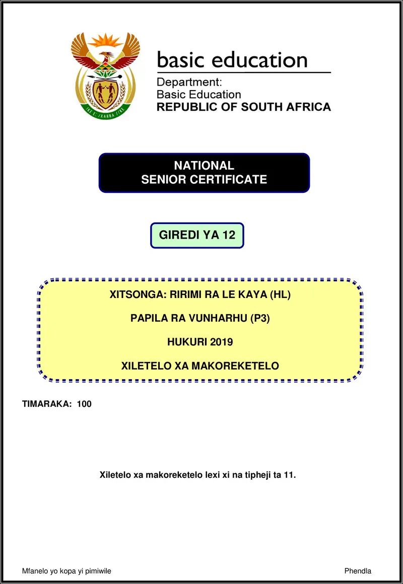 Grade 12 Xitsonga past paper 2019 – xitsonga hl p3 nov 2019 memo gr12