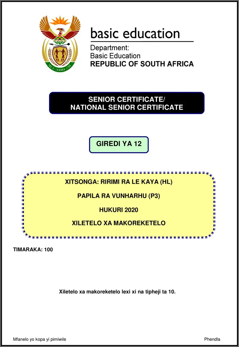 Grade 12 Xitsonga past paper 2020 – xitsonga hl p3 nov 2020 memo gr12