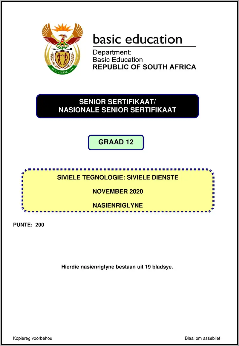 Grade 12 Civil Technology past paper 2020 – civil technology nov 2020 civil services memo afr gr12