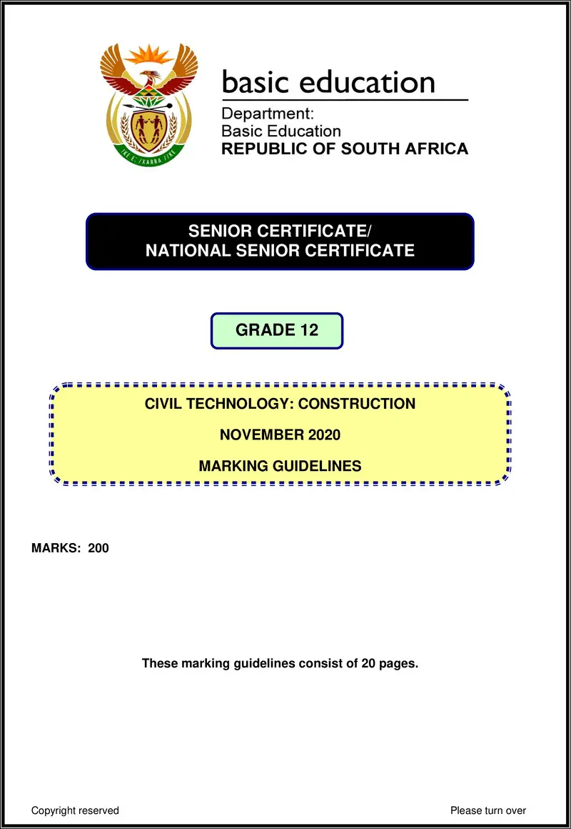 Grade 12 Civil Technology past paper 2020 – civil technology nov 2020 construction memo eng gr12