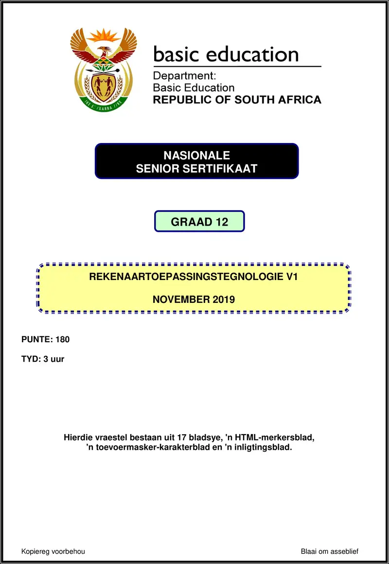 Grade 12 Rekenaartoepassingstegnologie past paper 2019 – computer application technology p1 nov 2019 afr gr12