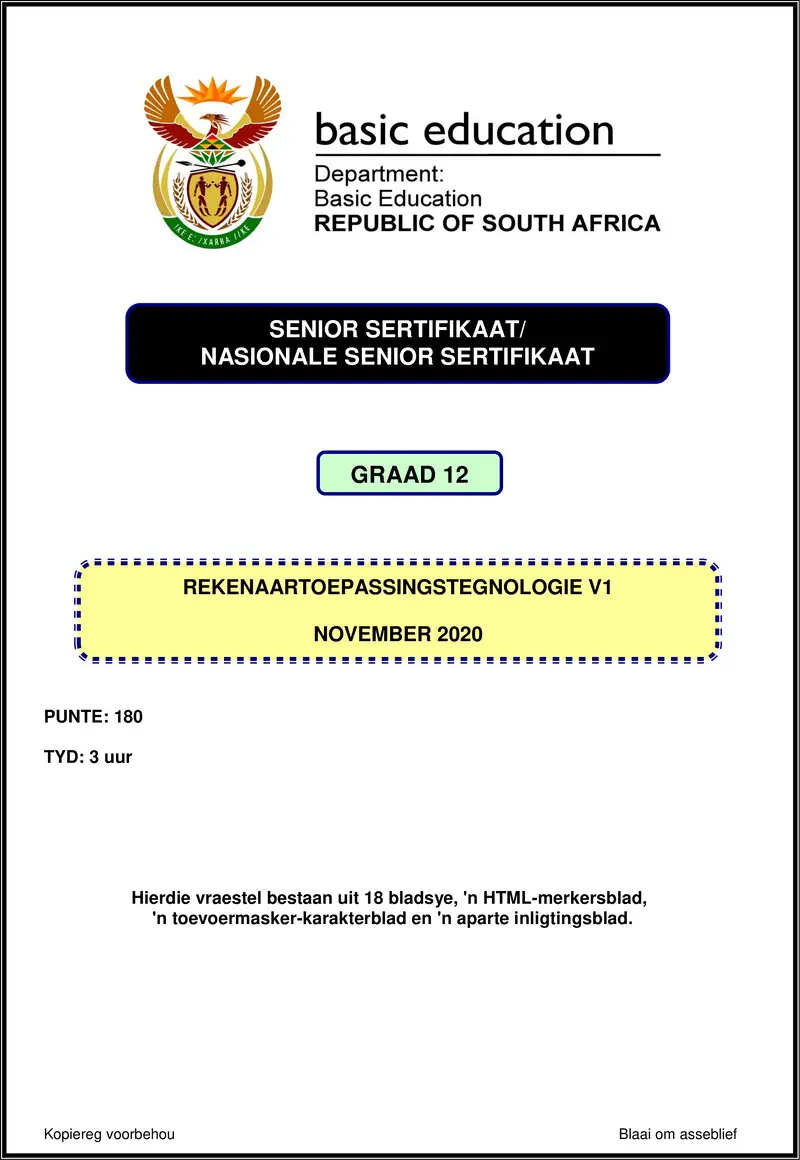 Grade 12 Rekenaartoepassingstegnologie past paper 2020 – computer application technology p1 nov 2020 afr gr12