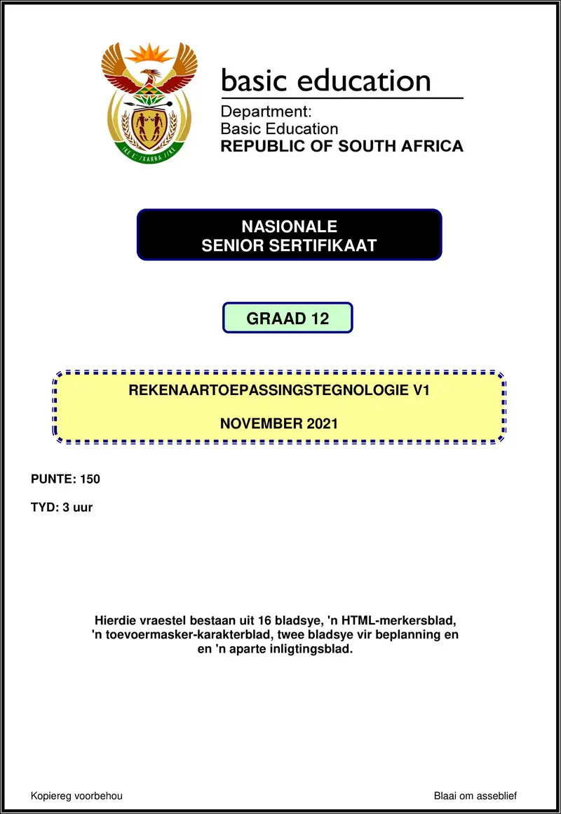 Grade 12 Rekenaartoepassingstegnologie past paper 2021 – computer application technology p1 nov 2021 afr gr12