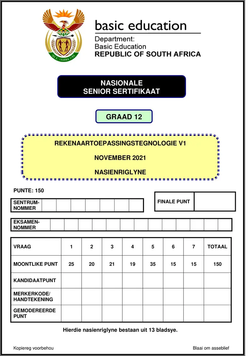 Grade 12 Rekenaartoepassingstegnologie past paper 2021 – computer application technology p1 nov 2021 mg afr gr12