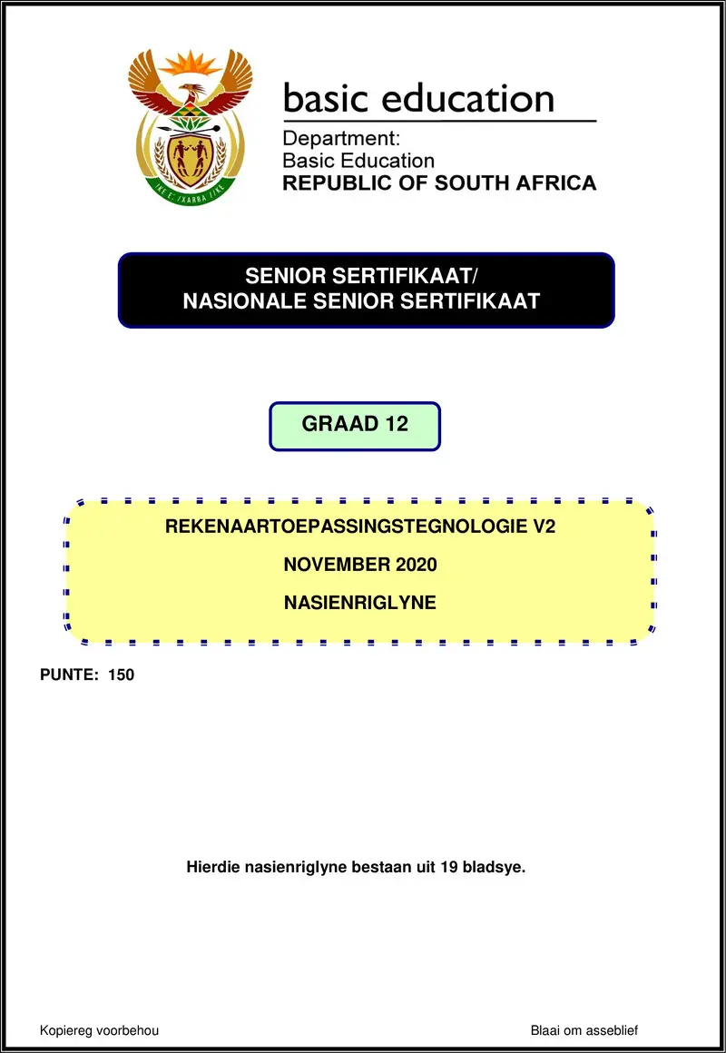 Grade 12 Rekenaartoepassingstegnologie past paper 2020 – computer application technology p2 nov 2020 memo afr gr12
