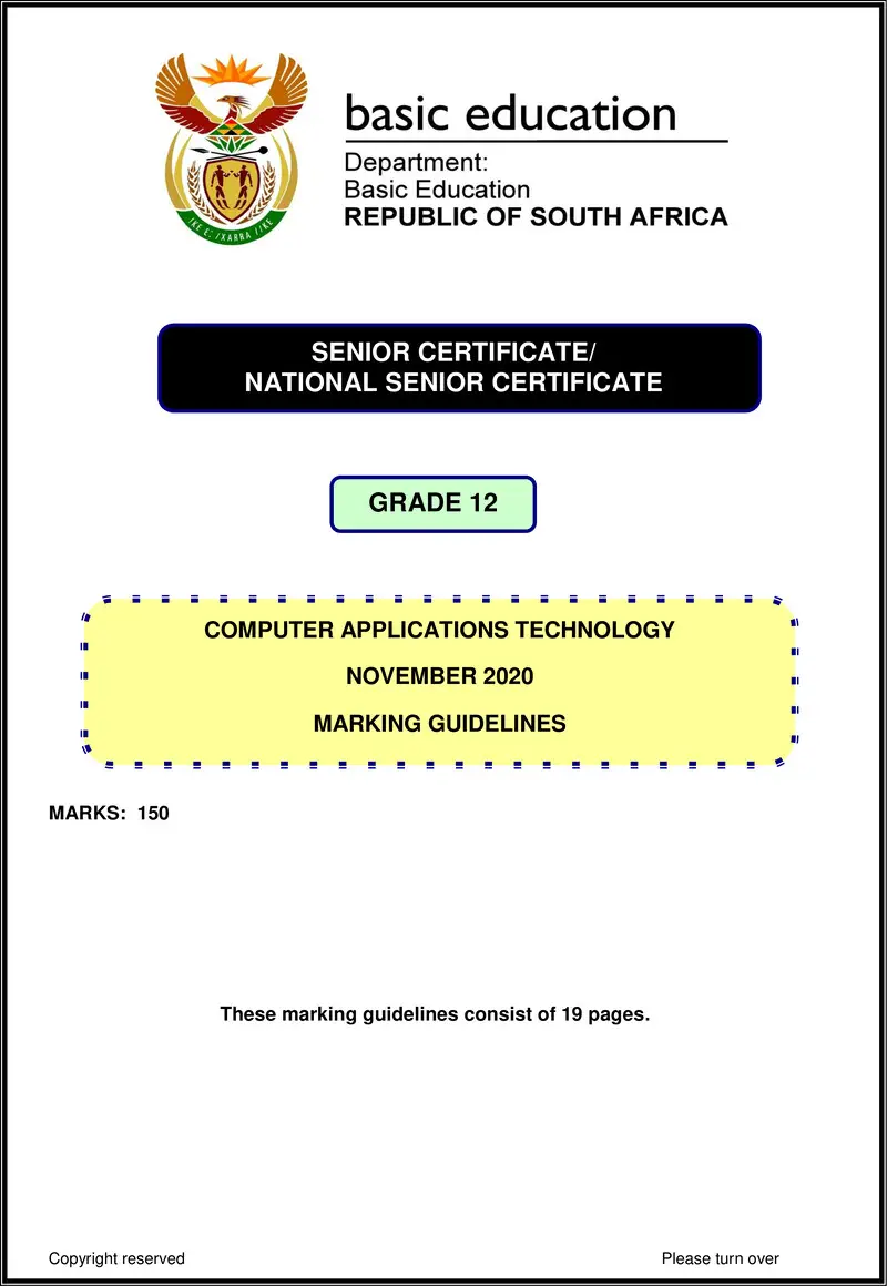 Grade 12 Computer Applications Technology past paper 2020 – computer application technology p2 nov 2020 memo eng gr12