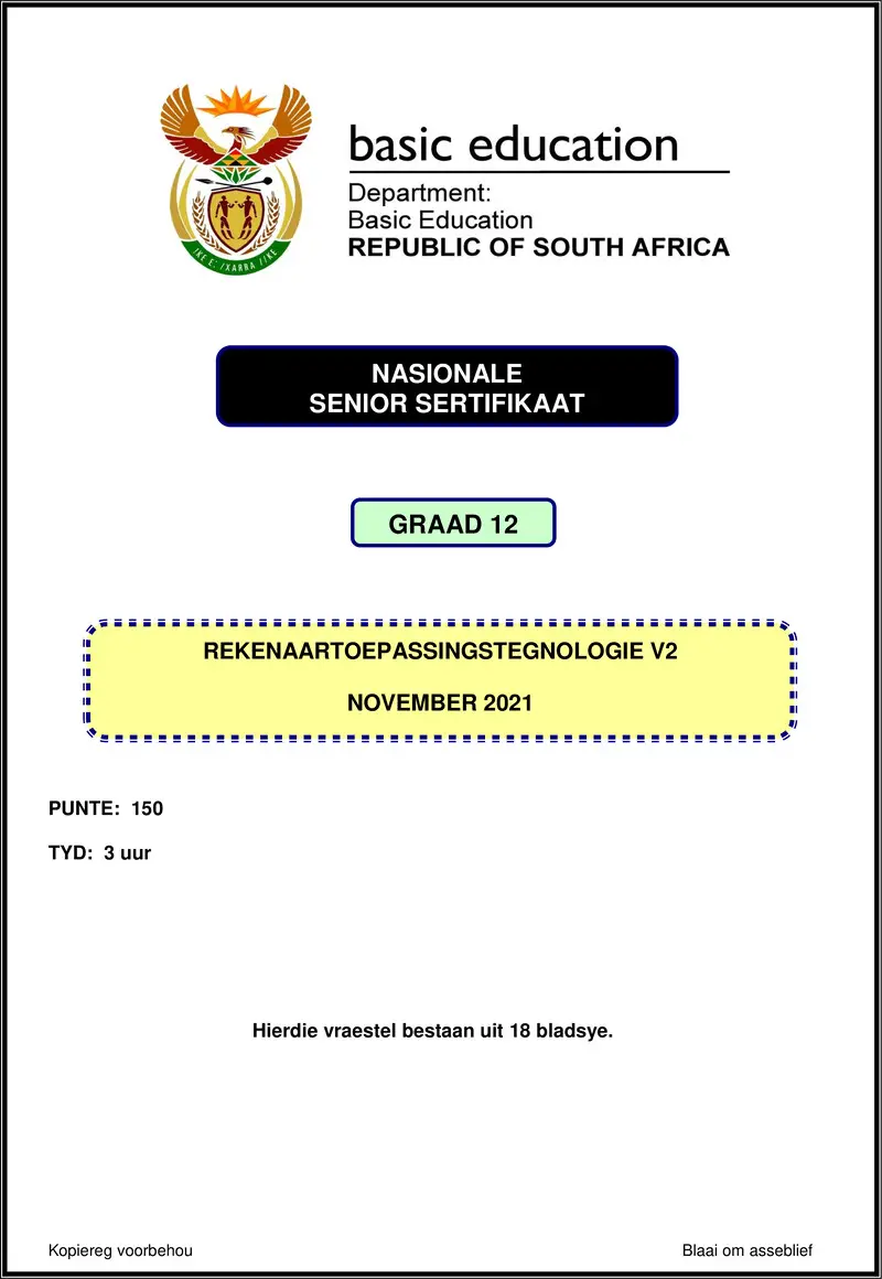 Grade 12 Rekenaartoepassingstegnologie past paper 2021 – computer application technology p2 nov 2021 afr gr12