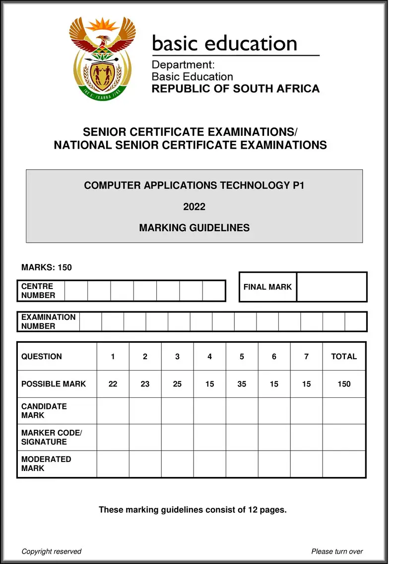 Grade 12 Computer Applications Technology past paper 2022 – computer applications technology p1 may june 2022 mg eng gr12
