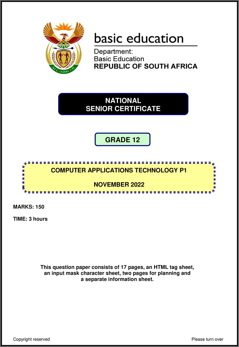 Grade 12 Computer Applications Technology past paper 2022 – computer applications technology p1 nov 2022 eng gr12