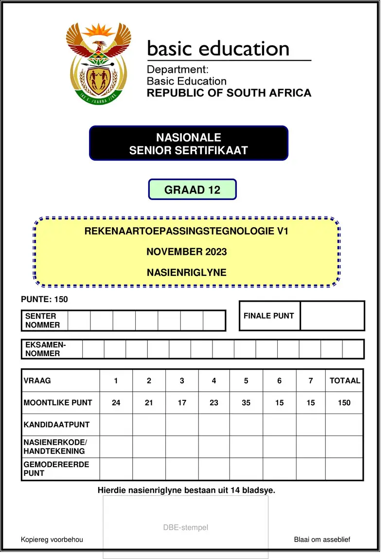 Grade 12 Computer Applications Technology past paper 2023 – computer applications technology p1 nov 2023 mg afr gr12