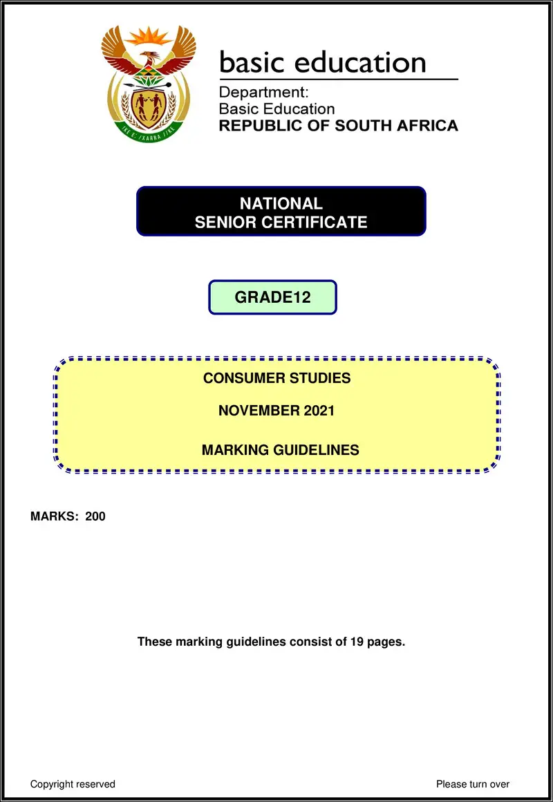 Grade 12 Consumer Studies past paper 2021 – consumer studies nov 2021 mg eng gr12