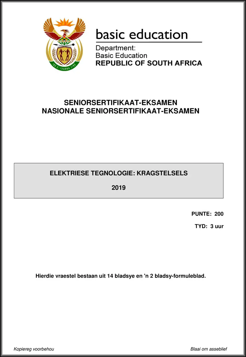 Grade 12 Electrical Technology past paper 2019 – electrical technology may june 2019 power system afr gr12