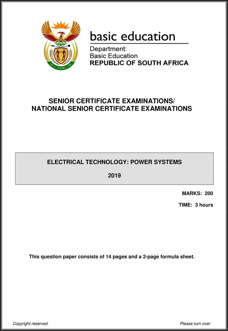 Grade 12 Electrical Technology past paper 2019 – electrical technology may june 2019 power system eng gr12