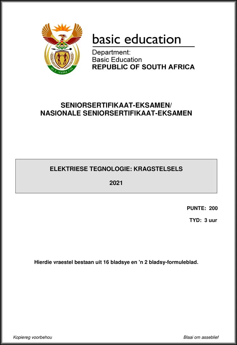 Grade 12 Electrical Technology past paper 2021 – electrical technology may june 2021 power systems afr gr12