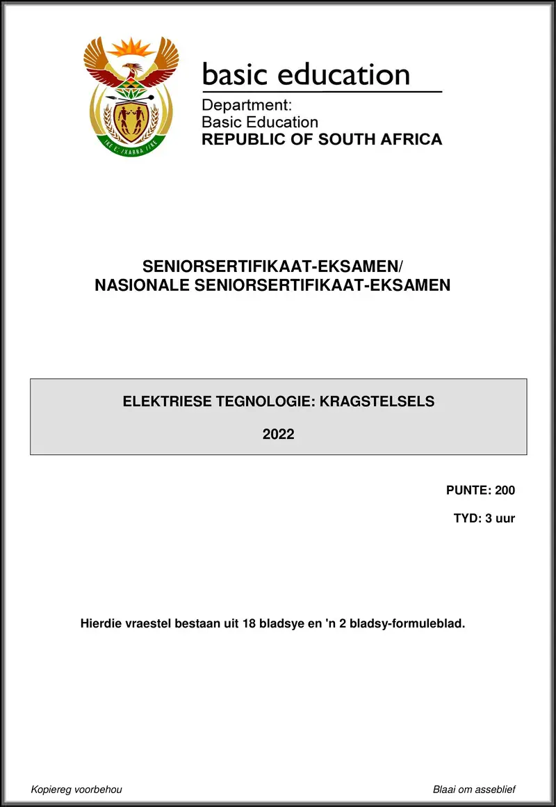 Grade 12 Electrical Technology past paper 2022 – electrical technology may june 2022 power systems afr gr12