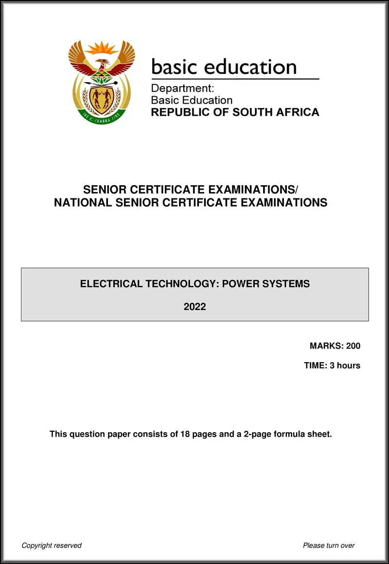 Grade 12 Electrical Technology past paper 2022 – electrical technology may june 2022 power systems eng gr12