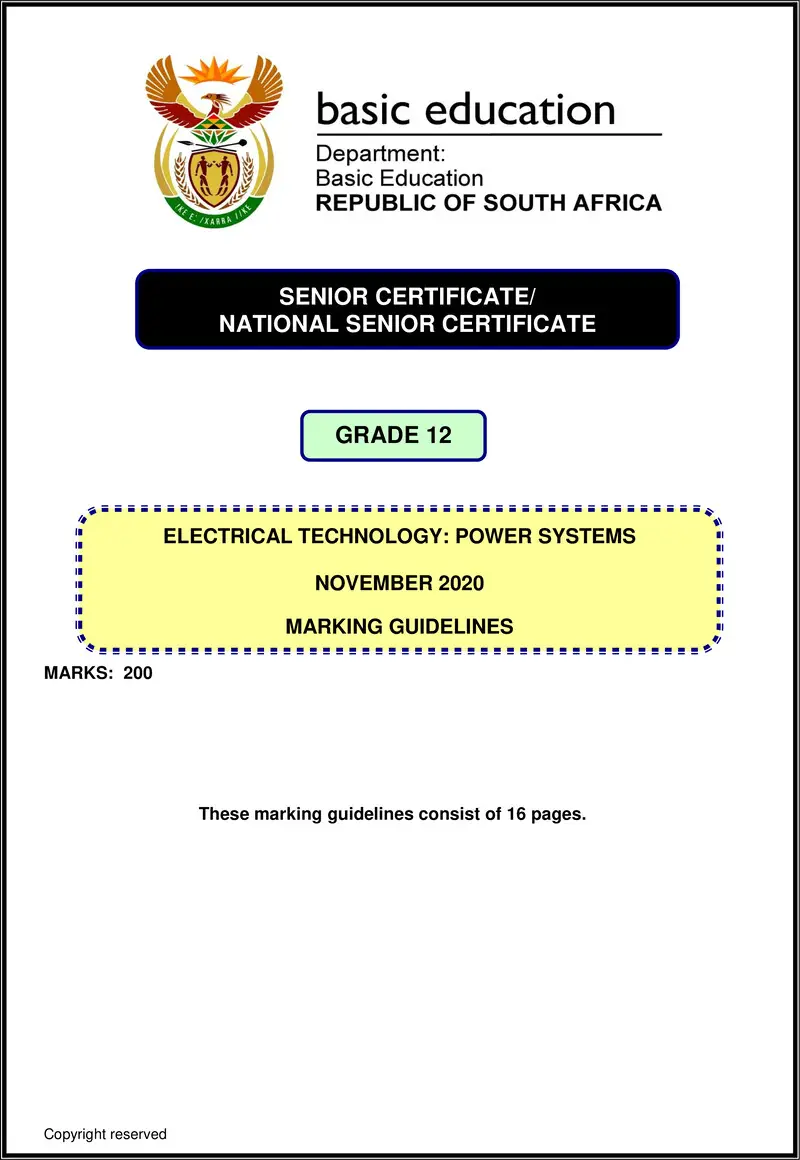 Grade 12 Electrical Technology past paper 2020 – electrical technology nov 2020 power systems memo eng gr12