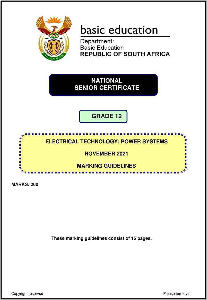 Grade 12 Electrical Technology past paper 2021 – electrical technology nov 2021 power systems mg eng gr12