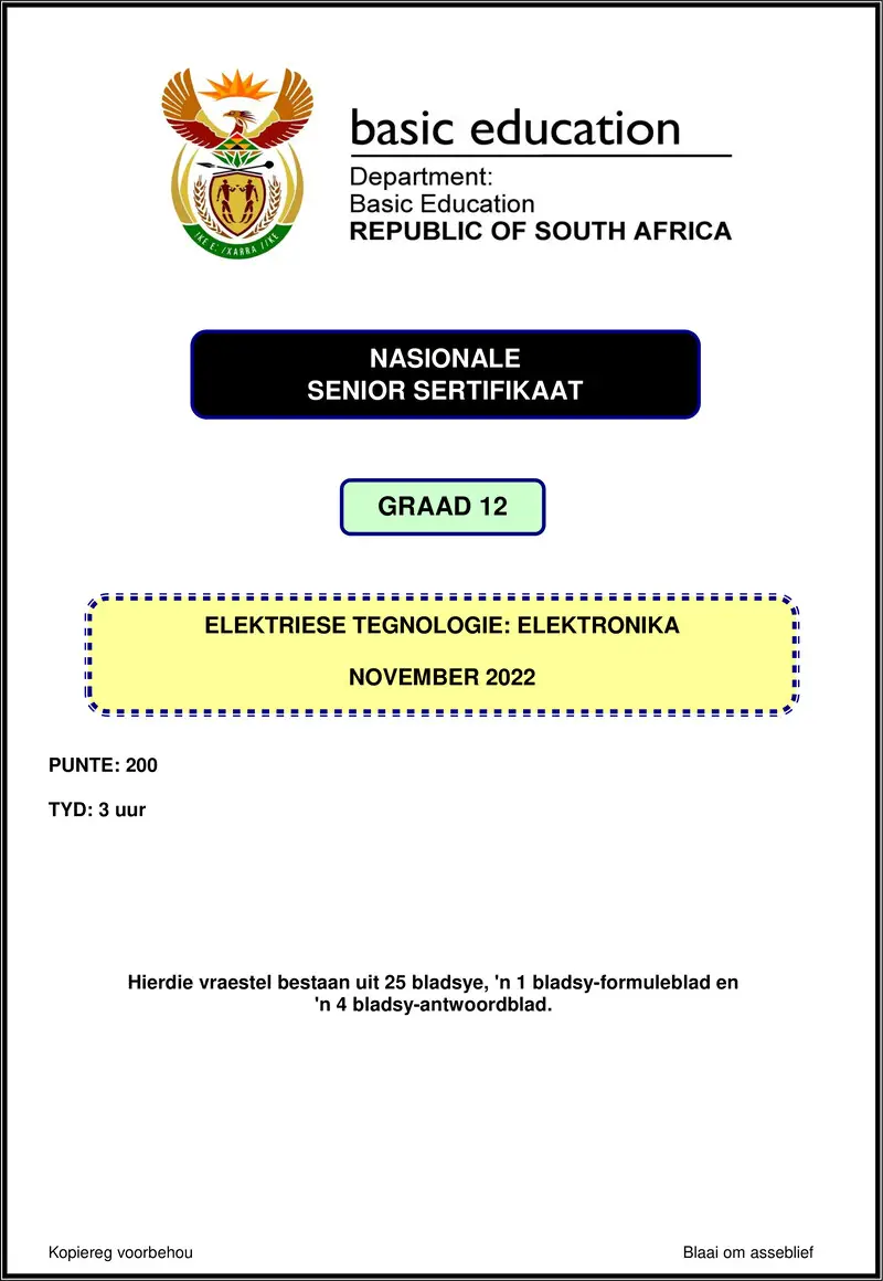 Grade 12 Electrical Technology past paper 2022 – electrical technology nov 2022 electronics afr gr12