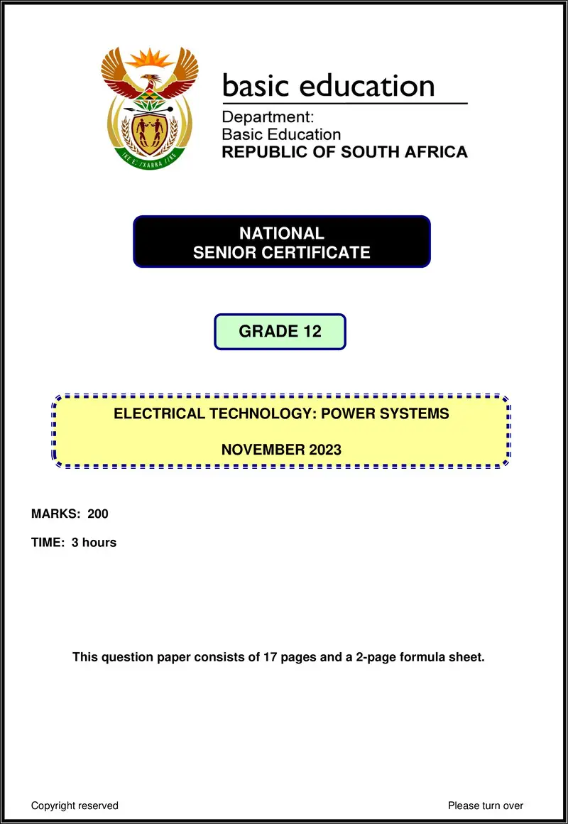 Grade 12 Electrical Technology past paper 2023 – electrical technology nov 2023 power systems eng gr12