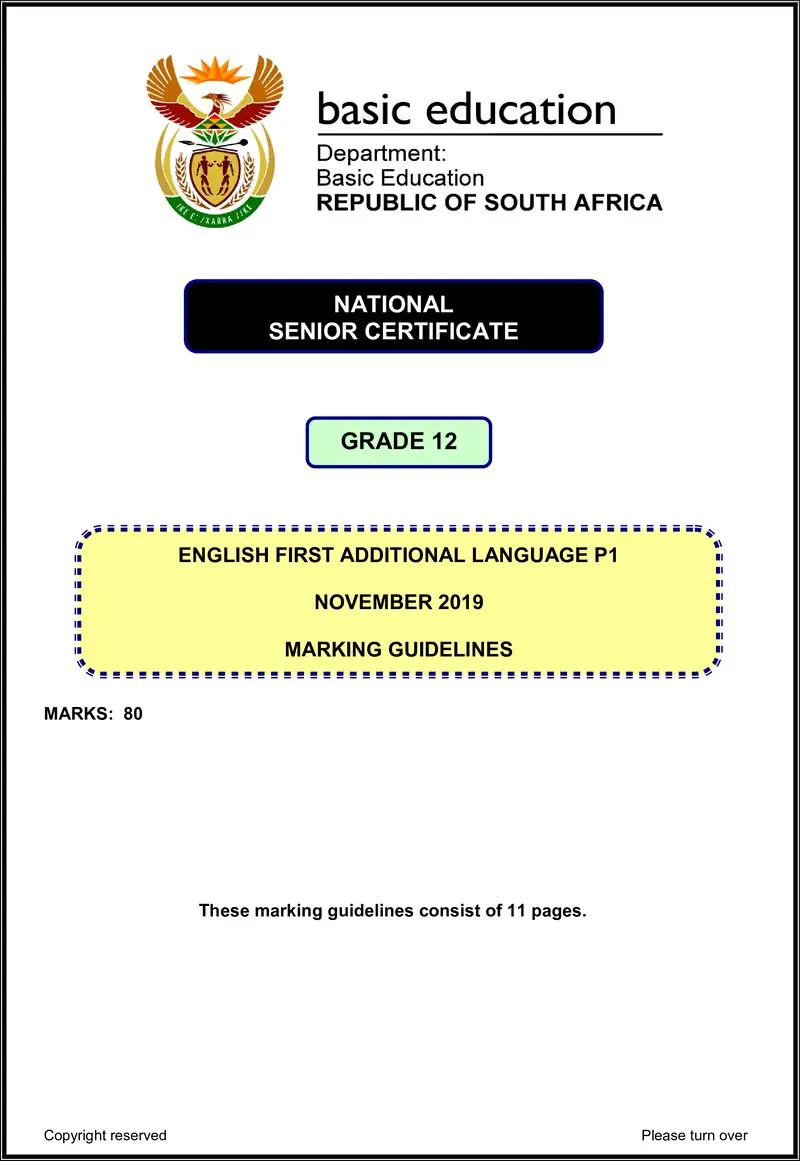 Grade 12 English past paper 2019 – english fal p1 nov 2019 memo gr12