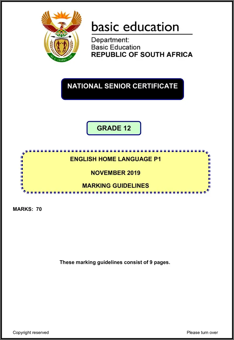 Grade 12 English past paper 2019 – english hl p1 nov 2019 memo gr12