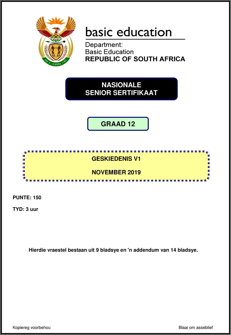 Grade 12 History past paper 2019 – history p1 nov 2019 afr gr12
