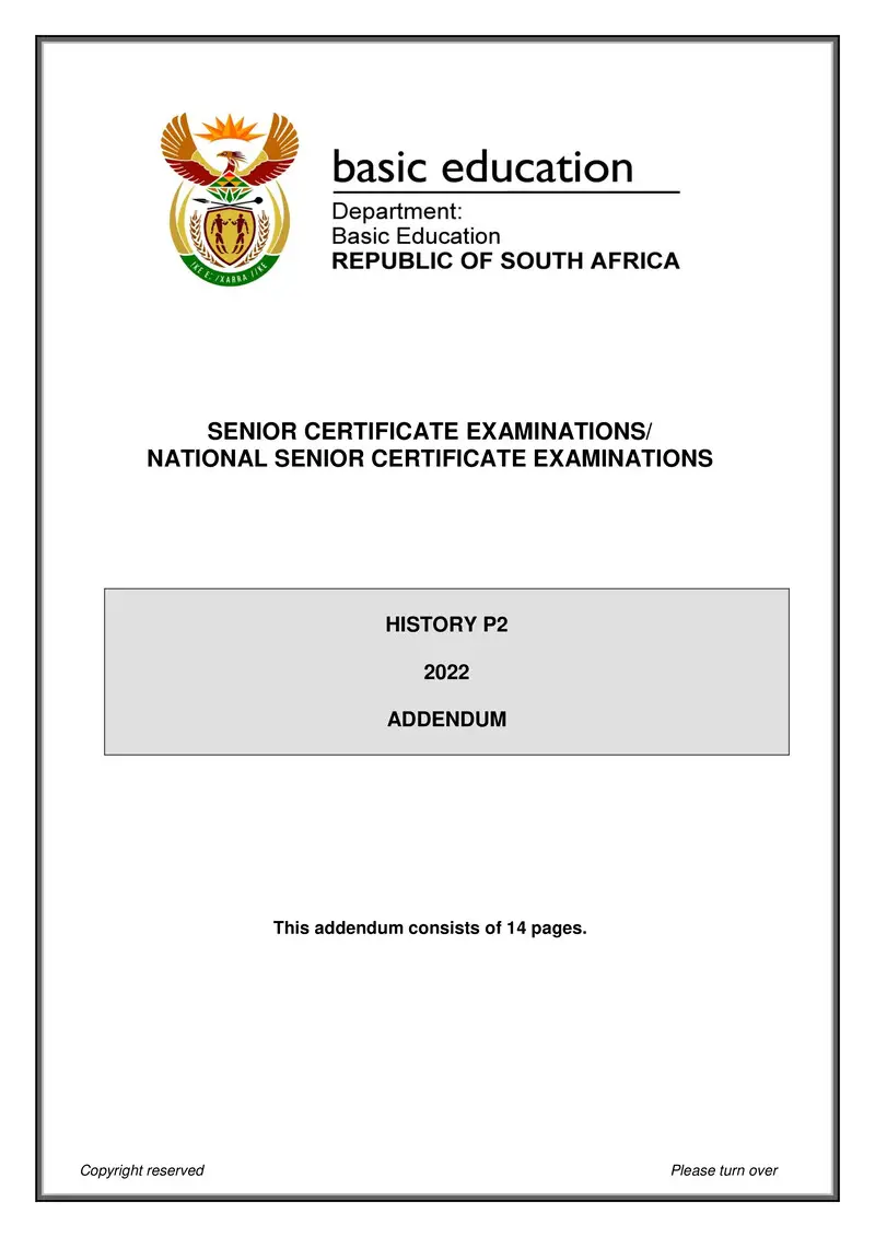 Grade 12 History past paper 2022 – history p2 may june 2022 addendum eng gr12