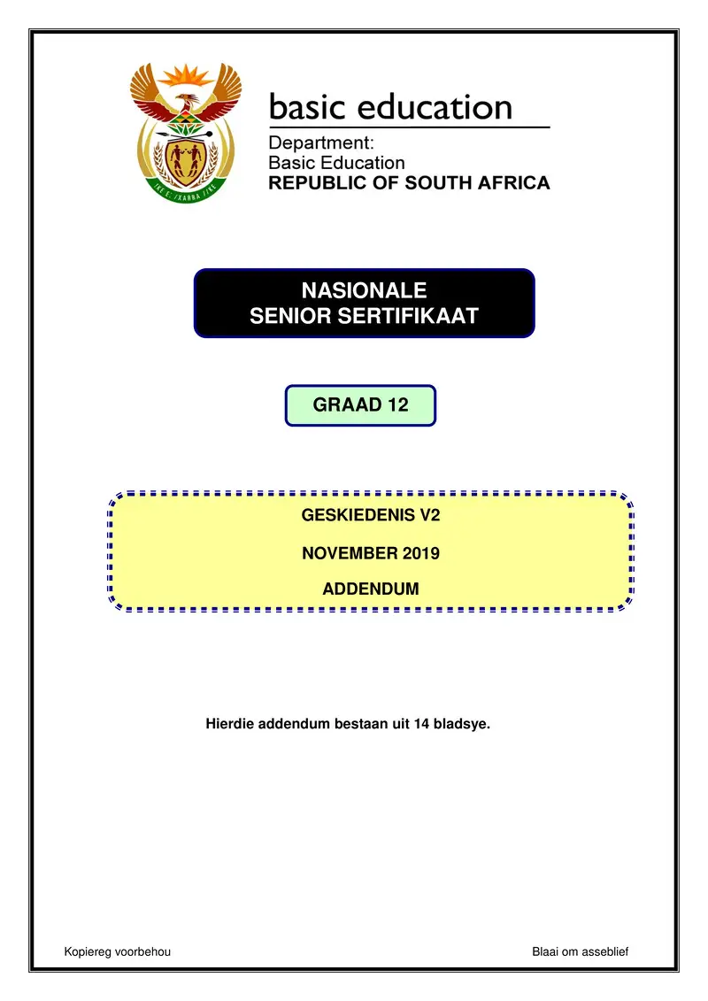 Grade 12 History past paper 2019 – history p2 nov 2019 addendum afr gr12