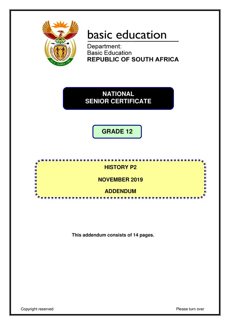 Grade 12 History past paper 2019 – history p2 nov 2019 addendum eng gr12